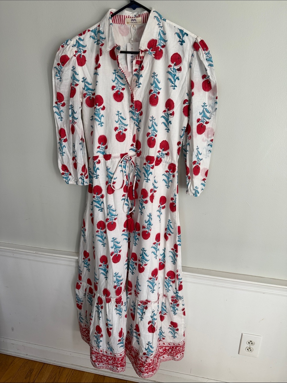White Collared Dress with Red Floral Print and Blue Vine Accents Tassels NWT